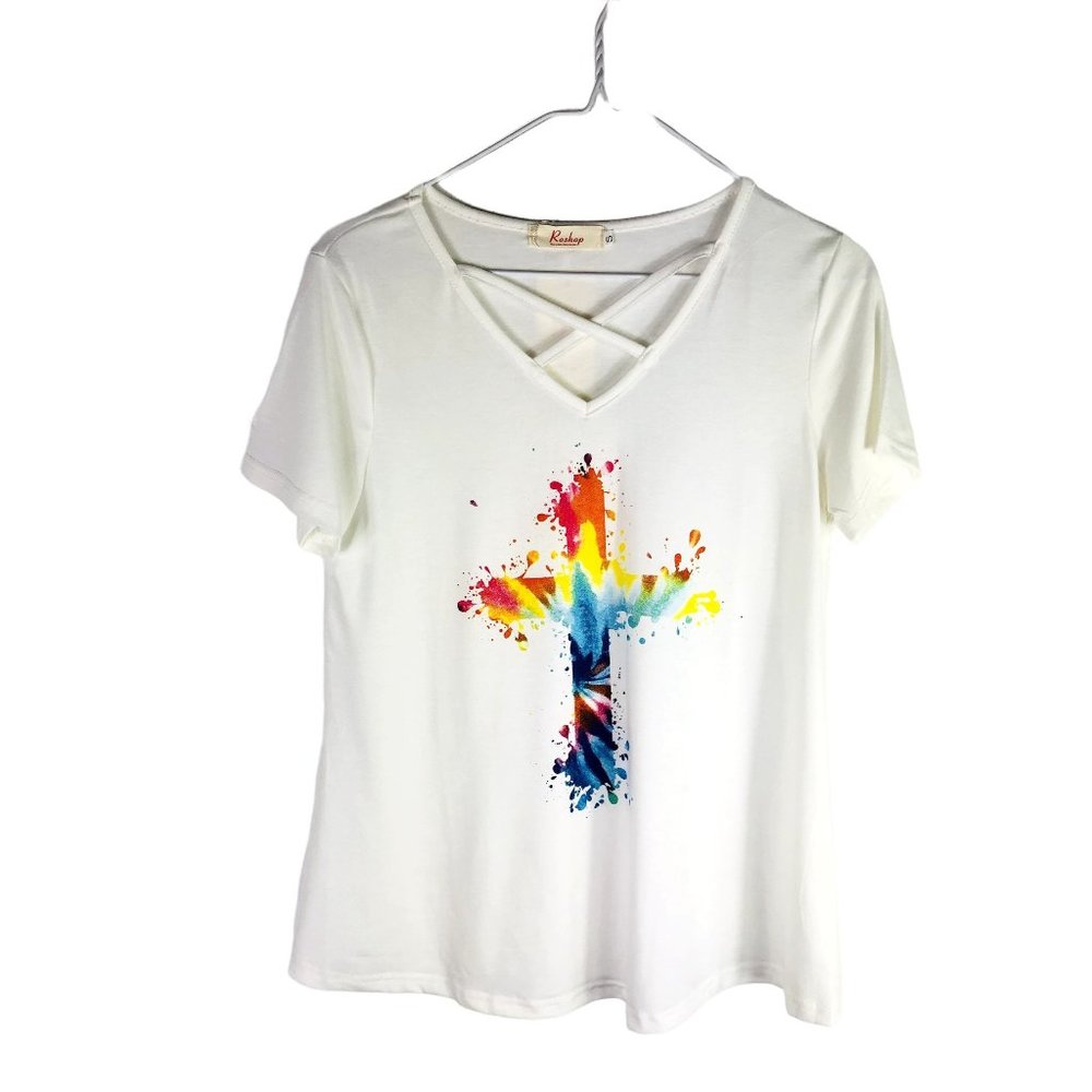 Roshop Women's V-Neck Criss Cross SS T-Shirt‎ Size Small